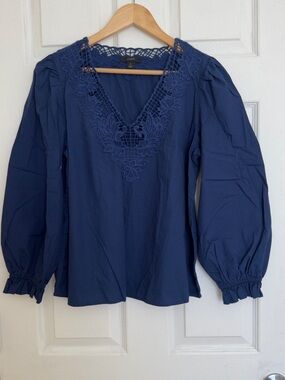 J. Crew Deep Navy Floral Lace V-Neck Peasant Top